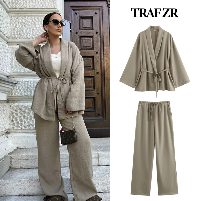 TRAF ZR Pant Sets Trouser Suits Large Size Combi-pants Summer Women\'s Suit Full Linen Elegant New Matching Woman Tracksuit