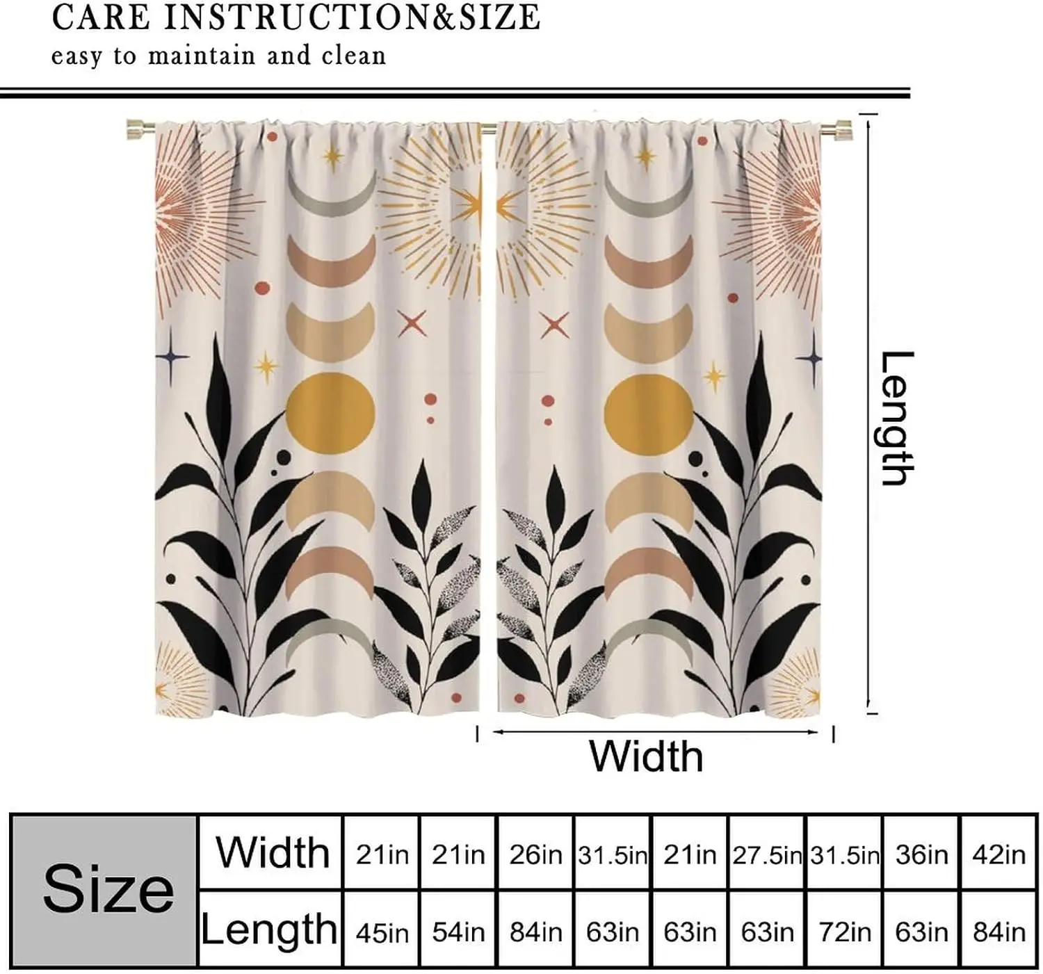 Boho Abstract Leaf Pattern Curtains Boho Chic Mid Century Moon Sun Crescent Window Drapes Polyester Living Room Bedroom Home Dec