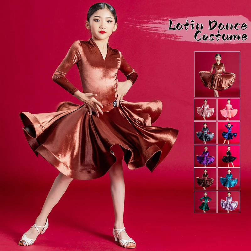 110-170cm Velvet Kids Latin Dance Costume Adult Professional Competition Girls Large Swing Dance Dress Latin Performance Wear