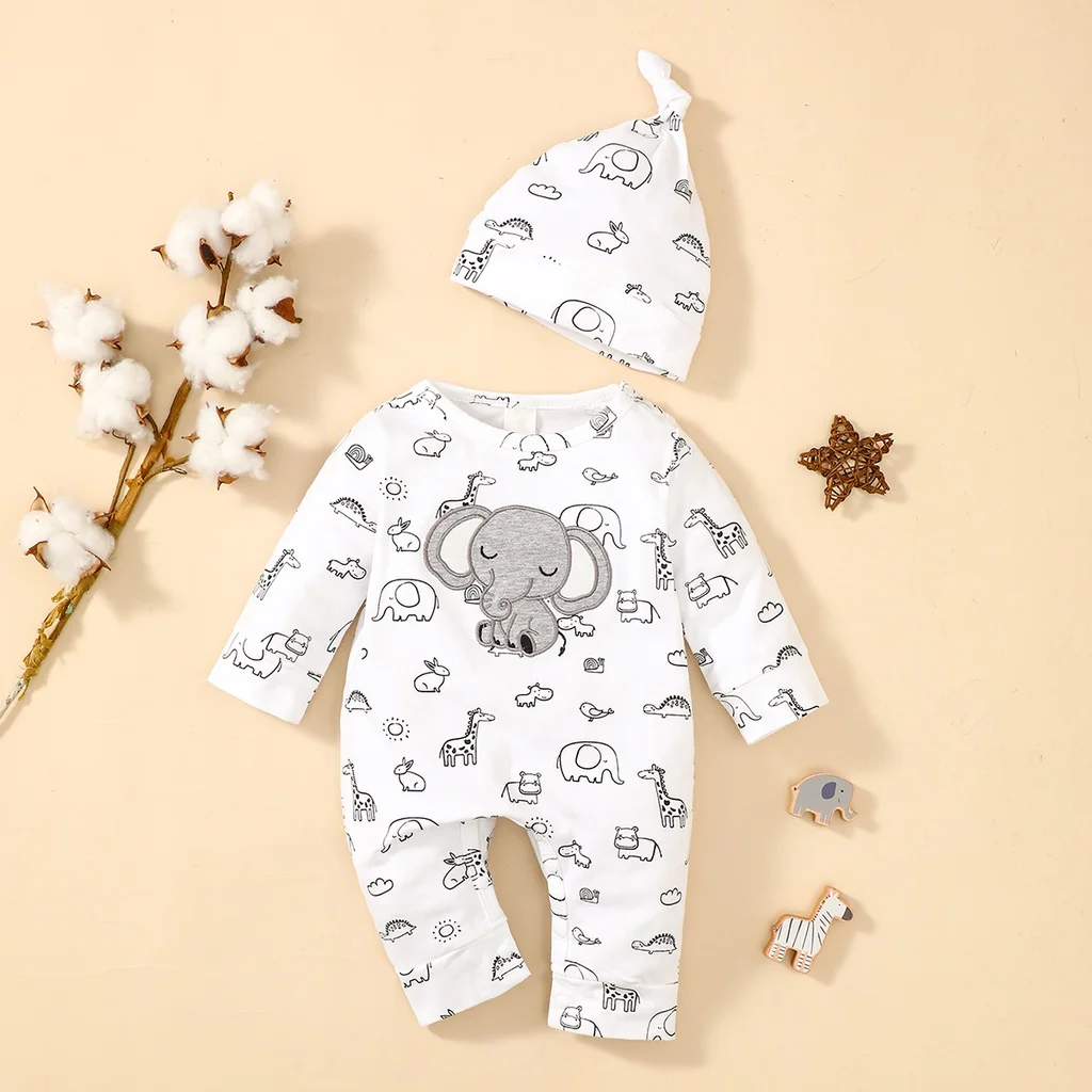 Baby Boy 0-6 Months Newborn Baby Romper+Hat White Long Sleeves Lovely Elephant Bodysuit Fashion Infant Autumn Casual Jumpsuit