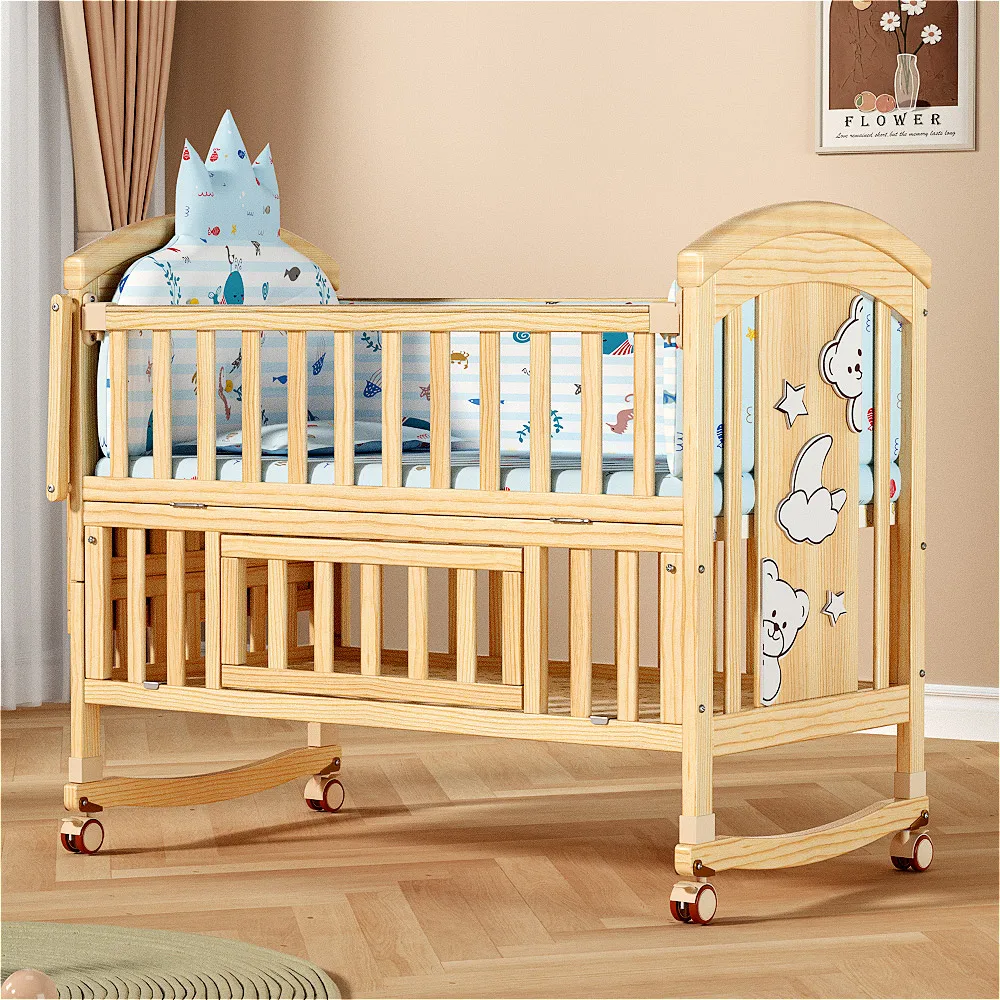 New 2023 Solid Wood Baby Crib Adjustable Wheels Comfortable Baby Cradle Beds For Newborn