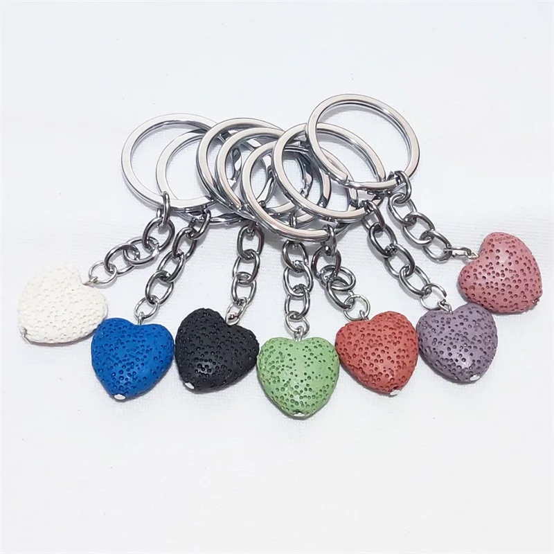 

15pcs Natural Colorful Lava Stone Key Ring 2cm Heart Quartz Keychains Women Men Handbag Hangle Car Key Holder Keyring Jewelry