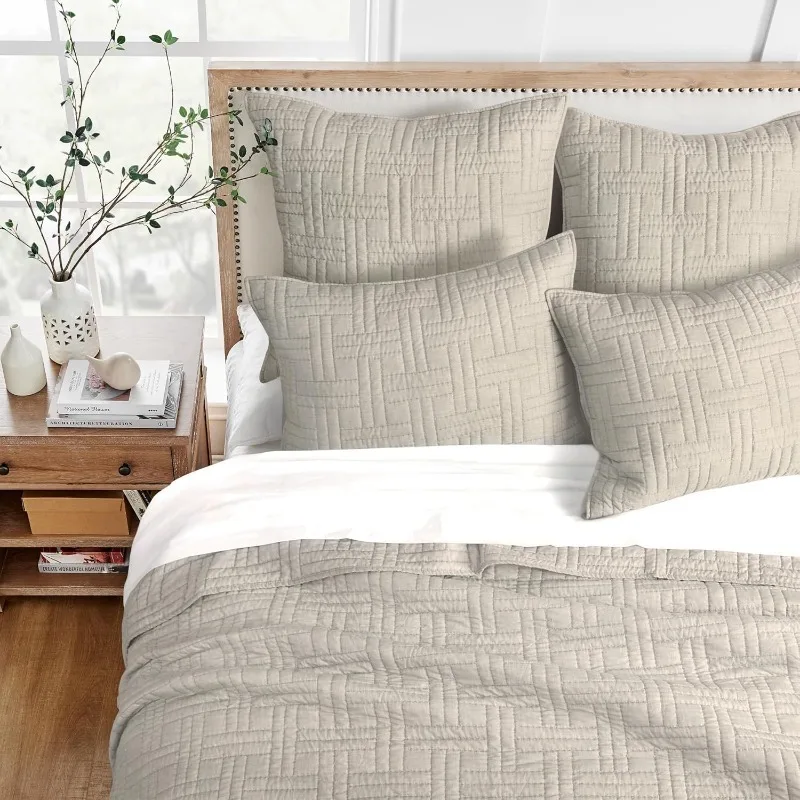 الصفحة الرئيسية - طقم لحاف ميلانج ستيتش لحاف كينج وحاف كينج شامز طبيعي مخيط صلب (106 × 92 بوصة.) و شمس