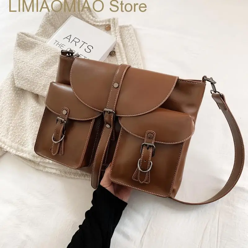 New Retro Multiple Pockets Bag PU Leather Crossbody Bags for Women Hit Trend Women's Branded Trending Side Bag Shoulder Handbag