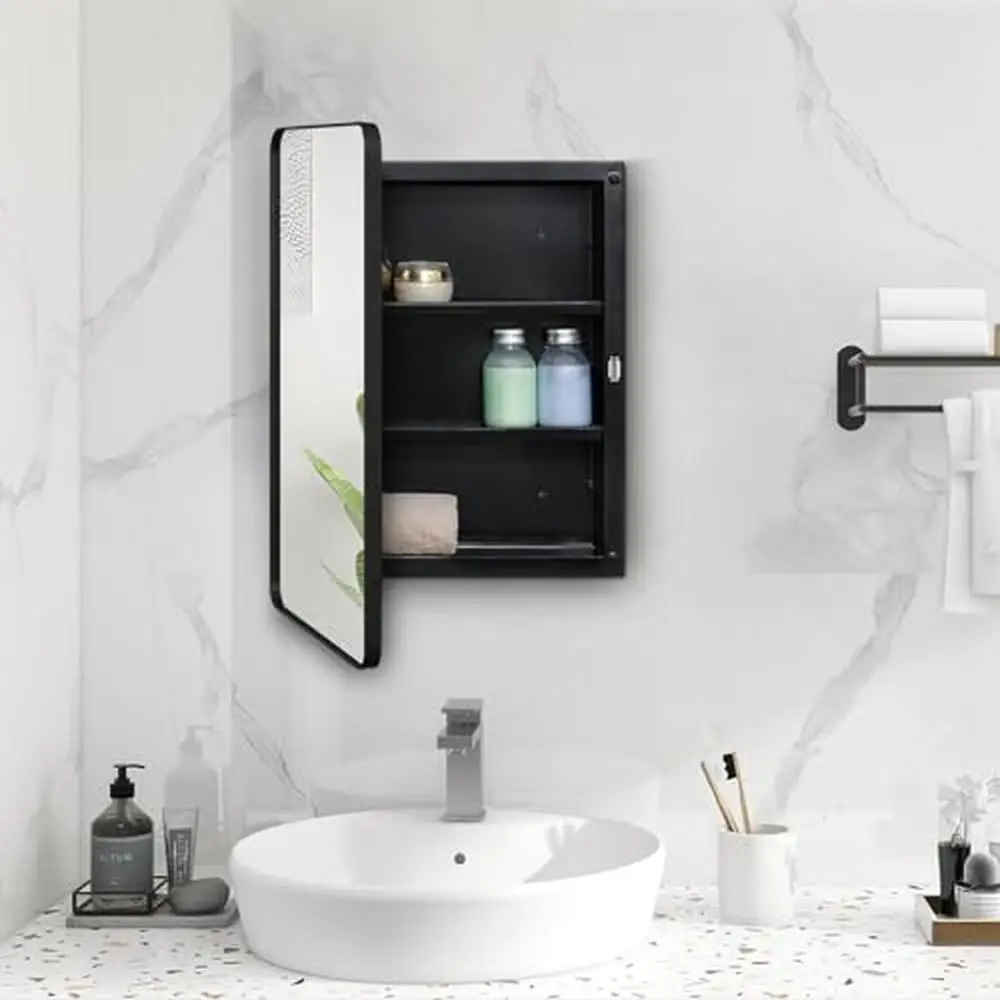 

Plastic Medicine Cabinet Mirror Door Metal Frame Adjustable Shelf Bathroom Mirror Cabinet 16 Inch Surface Mount Rectangular Tidy