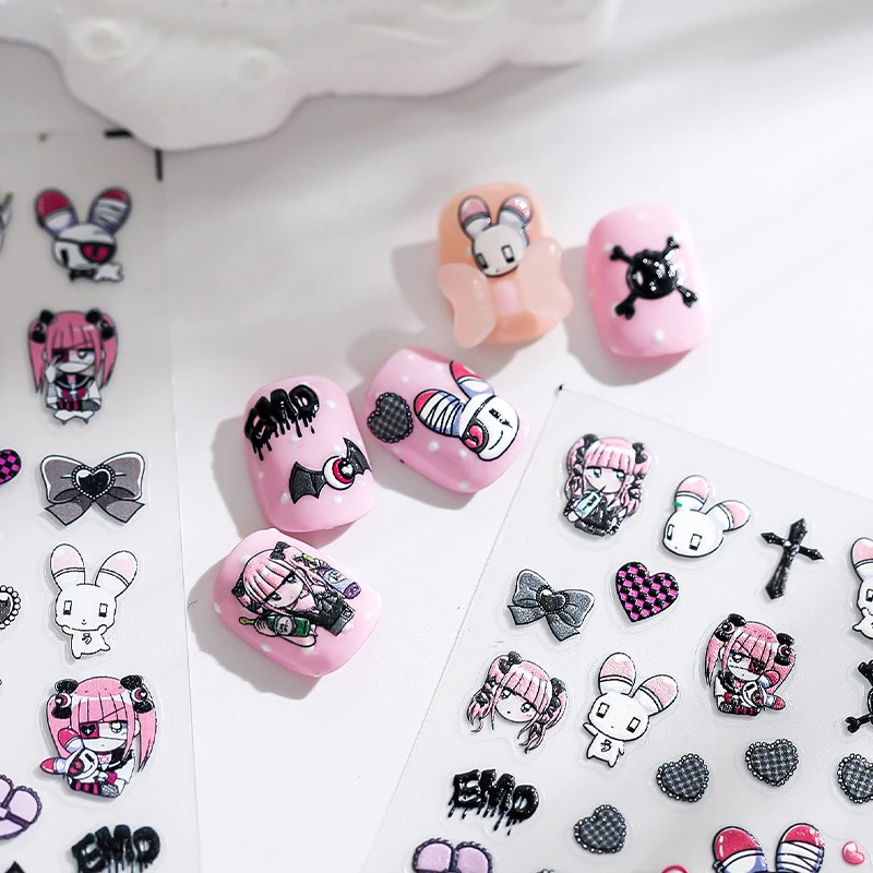 1 Sheet 5D Realistic Relief Cute Girls Skull Bat Cross Lattice Bow Love Heart Adhesive Nail Art Stickers Decals Manicure Charms