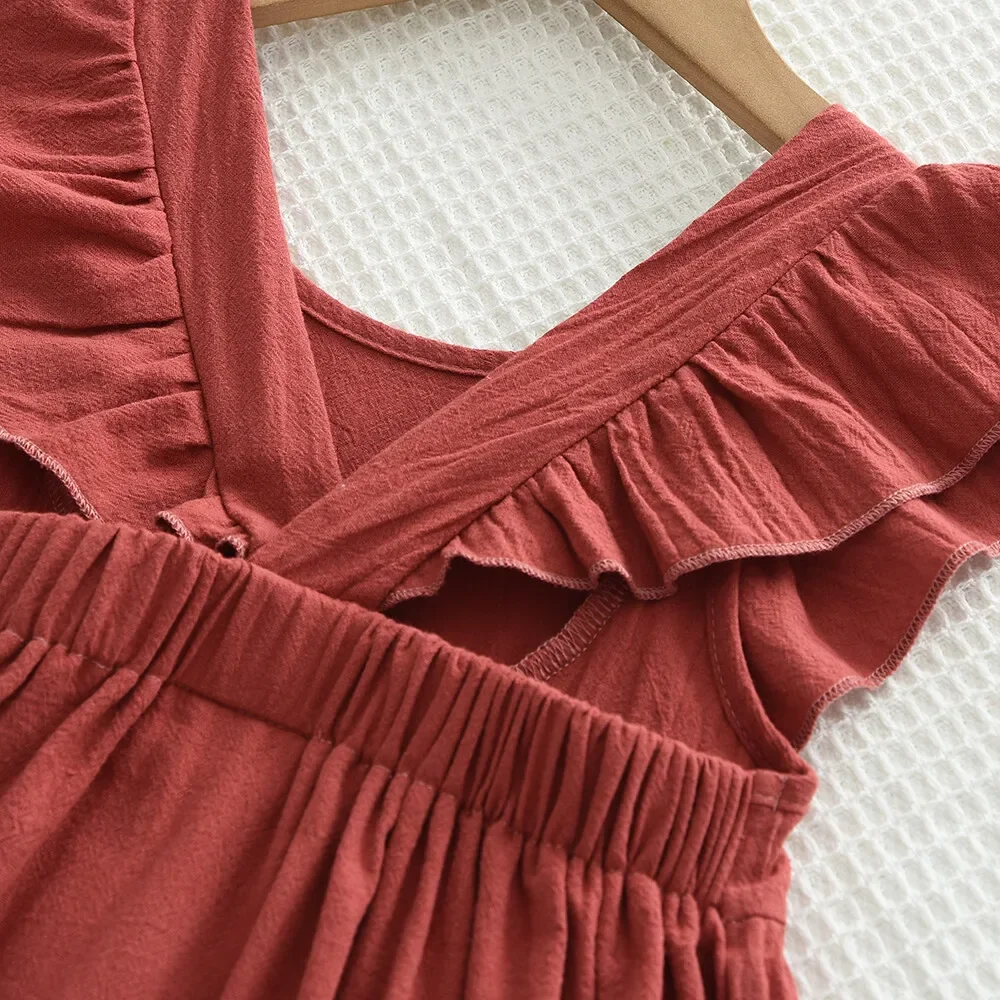 Bear Leader Cotton Red Dresses Baby Girls Solid Color Backless Casual Wear 2 -6Y Round Necked Wooden Ear Edge Kids Clothes image 5