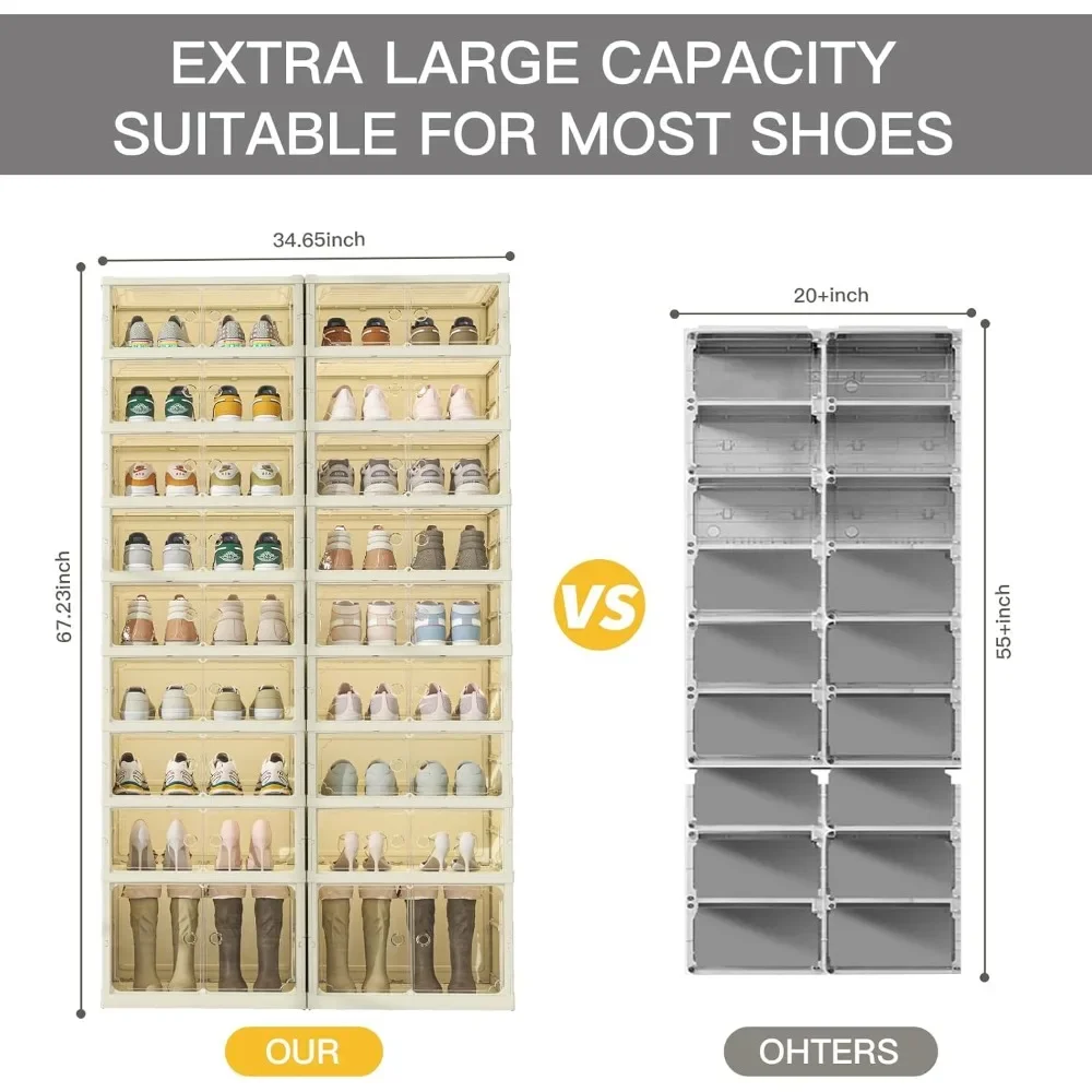 Foldable Shoe Rack Organizer 9 Tiers with Wheels 36Pairs Plastic Collapsible Shoes Shelf Folding Tall Shoe Cabinet