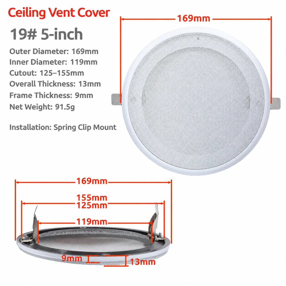 1Pcs 4/5/6.5/8/10 Inch Ceiling Speaker Mesh Cover Plastic Frame Steel Mesh Speaker Grille Cover Spring Clip Attachment White