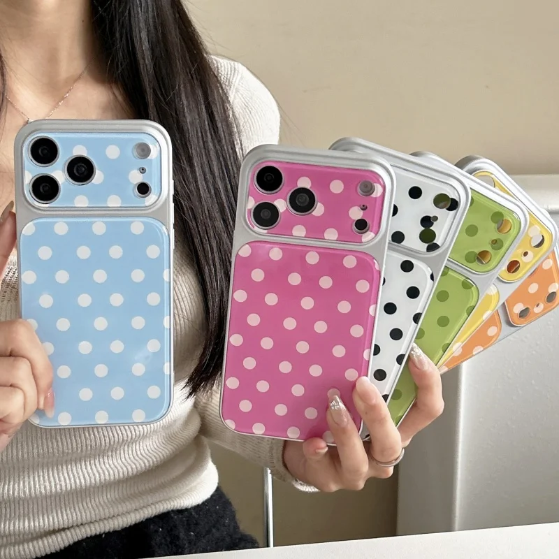 

﻿ Korea popular Cute lns Minimalist Polka Dot Phone Case For iPhone 13 14 15 16 17 Pro Max Blue Pink White orange Wave point ﻿﻿
