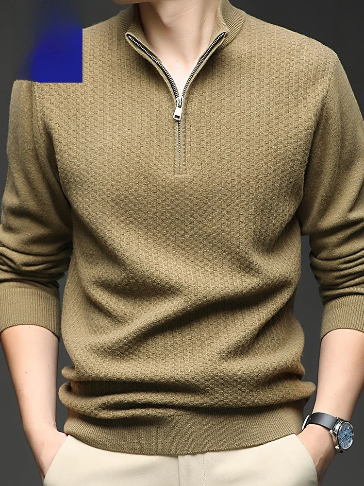 

Мужской шерстяной свитер с высоким воротником на молнии, модный городской стиль, зимний, теплый, однотонный, вязаный