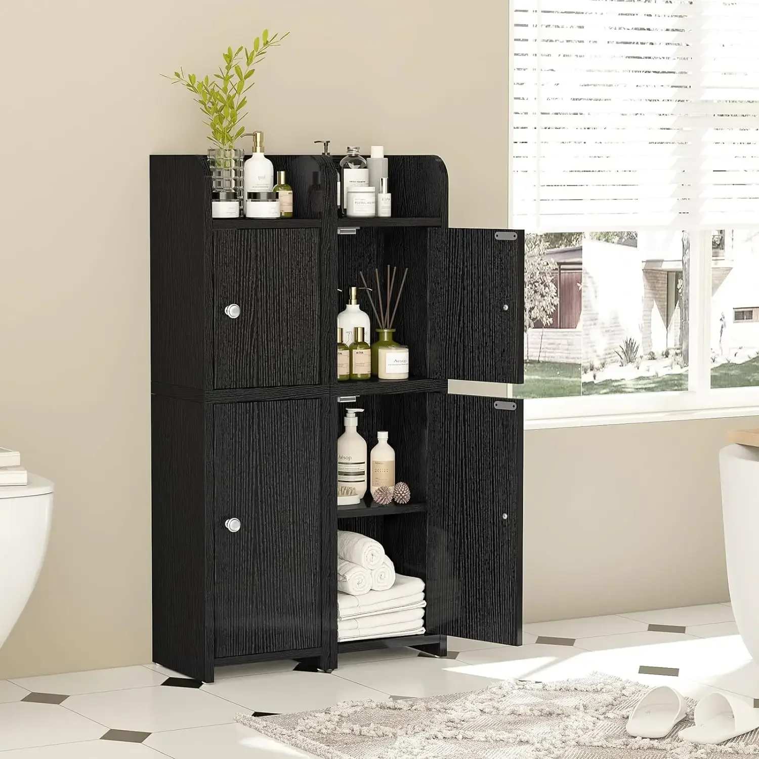 Small Bathroom Storage Cabinet, Toilet Paper Holder Cabinet, Corner Floor Cabinet with Door and Adjustable Shelves