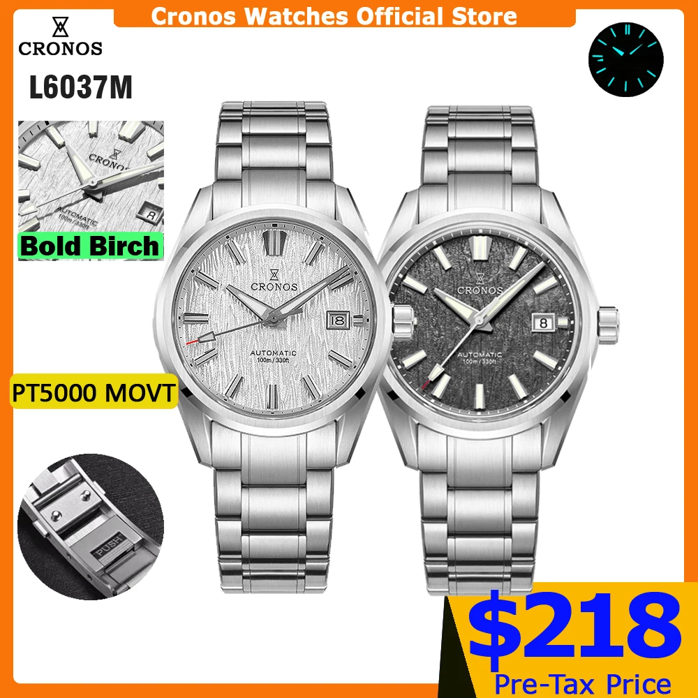 Cronos Men Watch 39mm Automatic Wristwatches White Dial Solid Links Sapphire 10 ATM L6037M