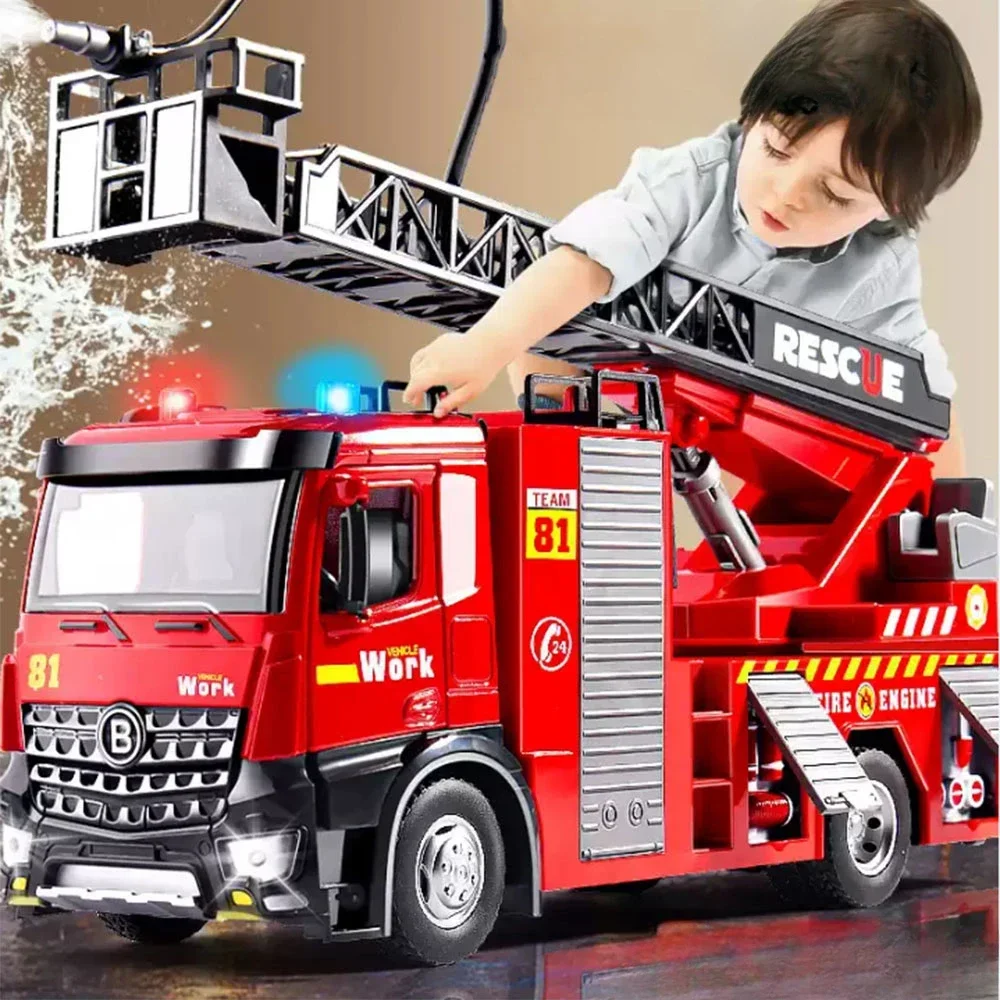 

1:18 Water Tanker Alloy Ladder Fire Truck Model Toys Car Diecast Metal Engineering Vehicle Doors Opened Sound Light Toy Boy Gift