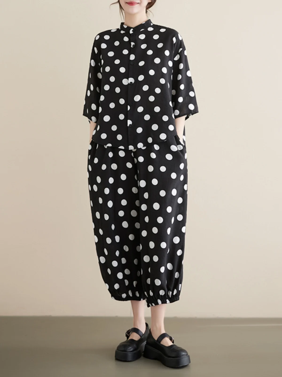 夏の新作水玉プリント綿麻素材スタンドカラーカジュアルハーランパンツツーピースセットレディースファッションアンサンブル