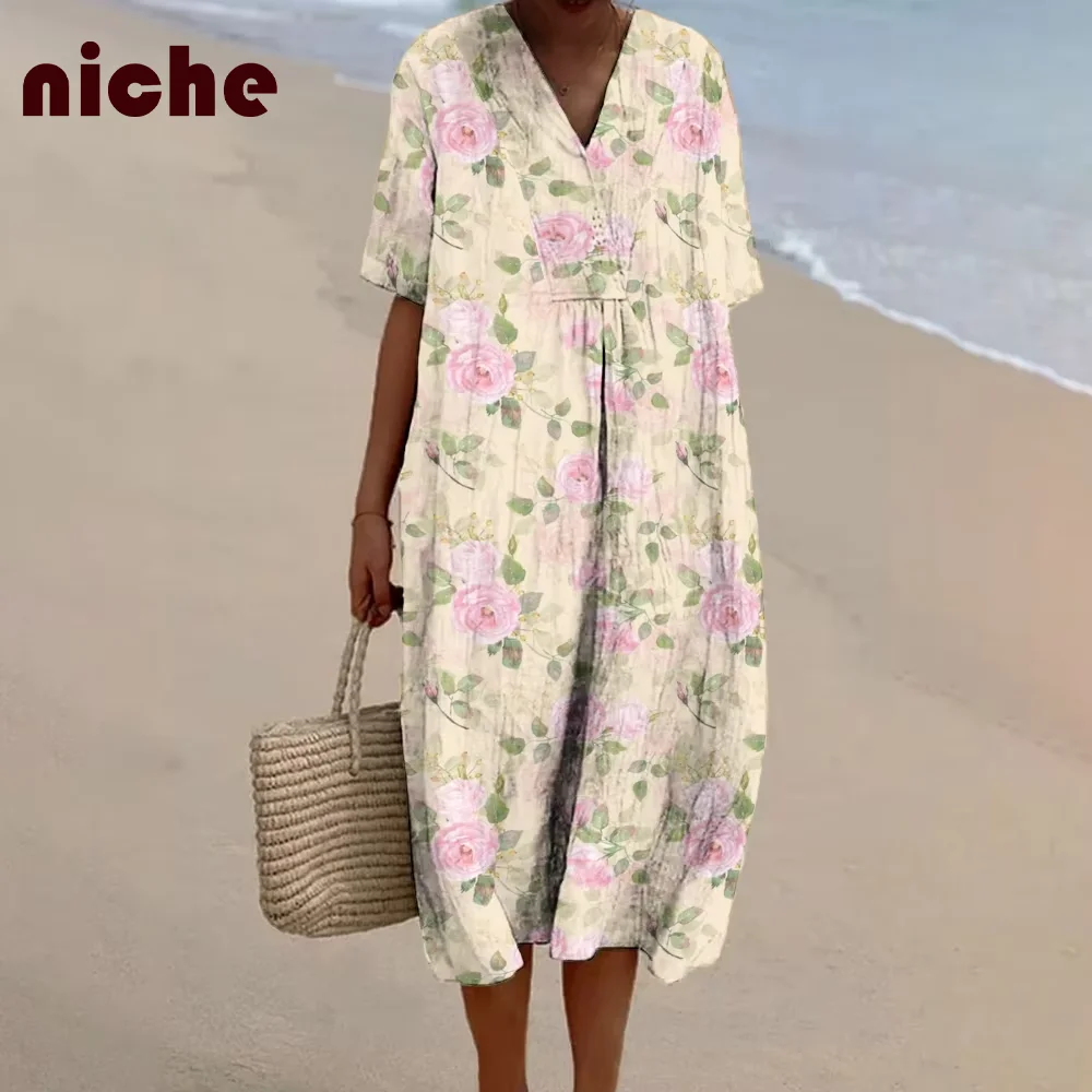 

Ladies Beach Skirt Fresh Flowers Leaves Graphic Printing Cotton And Linen High Quality Fabric Fashion Trend Designer Long Dress