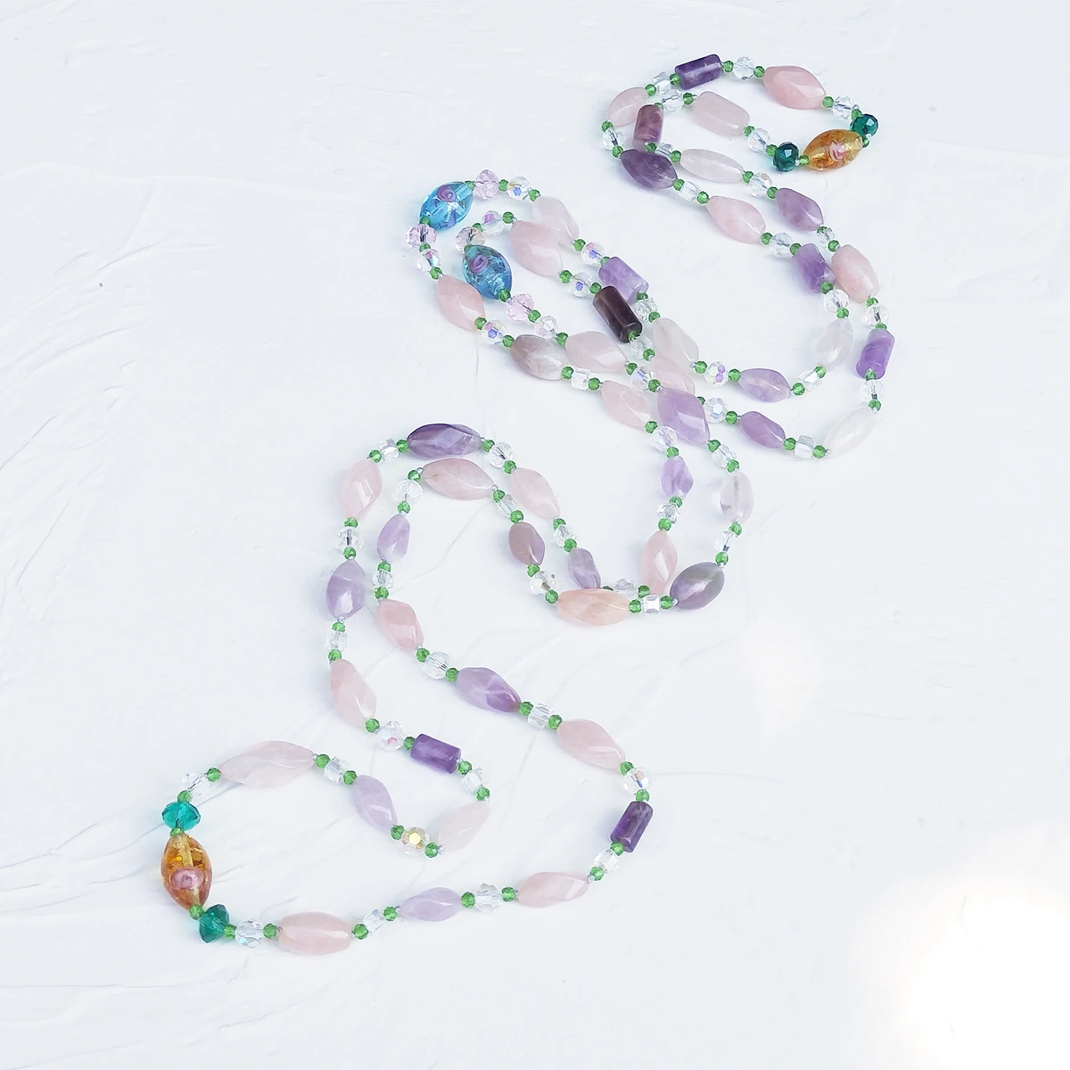 Lii Ji Real Mixed Stone Rose Quartz Amethyst Glaze Crystal Necklace 150cm Stock Sale Women Jewelry Gift