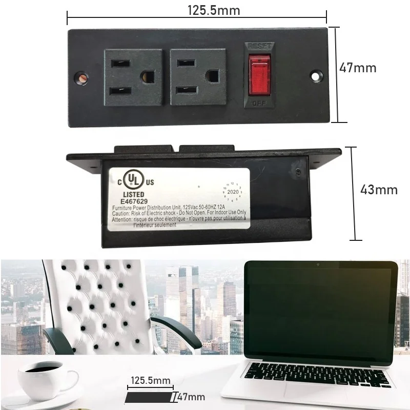 Montável embutida Power Strip móveis, soquete de bolso, US Outlet com protetor contra surtos, mesa de secretária, USB, 2 superfícies de saída
