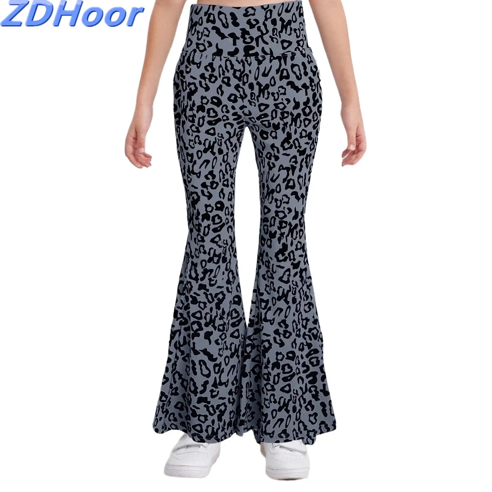 

Kids Girls Jazz Pants Fashion Leopard Print Bell-Bottom Hip-Hop Pants Dance Streetwear Elastic Waistband Trousers