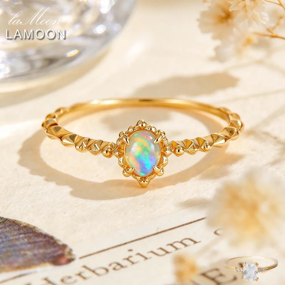 LAMOON Natrual Gemstone Opal Rings For Women Vintage Style 925 Sterling Silver Gold Plated Fine Jewelry Accessories Engagement