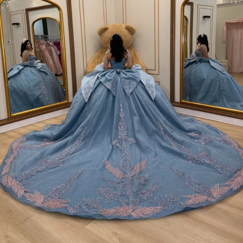 Sea Blue Glitter Quinceanera Dresses Off Shoulder Ball Gown Sweet 16 Dress Applique Lace Beads Bow Tull Vestidos 15 De anos