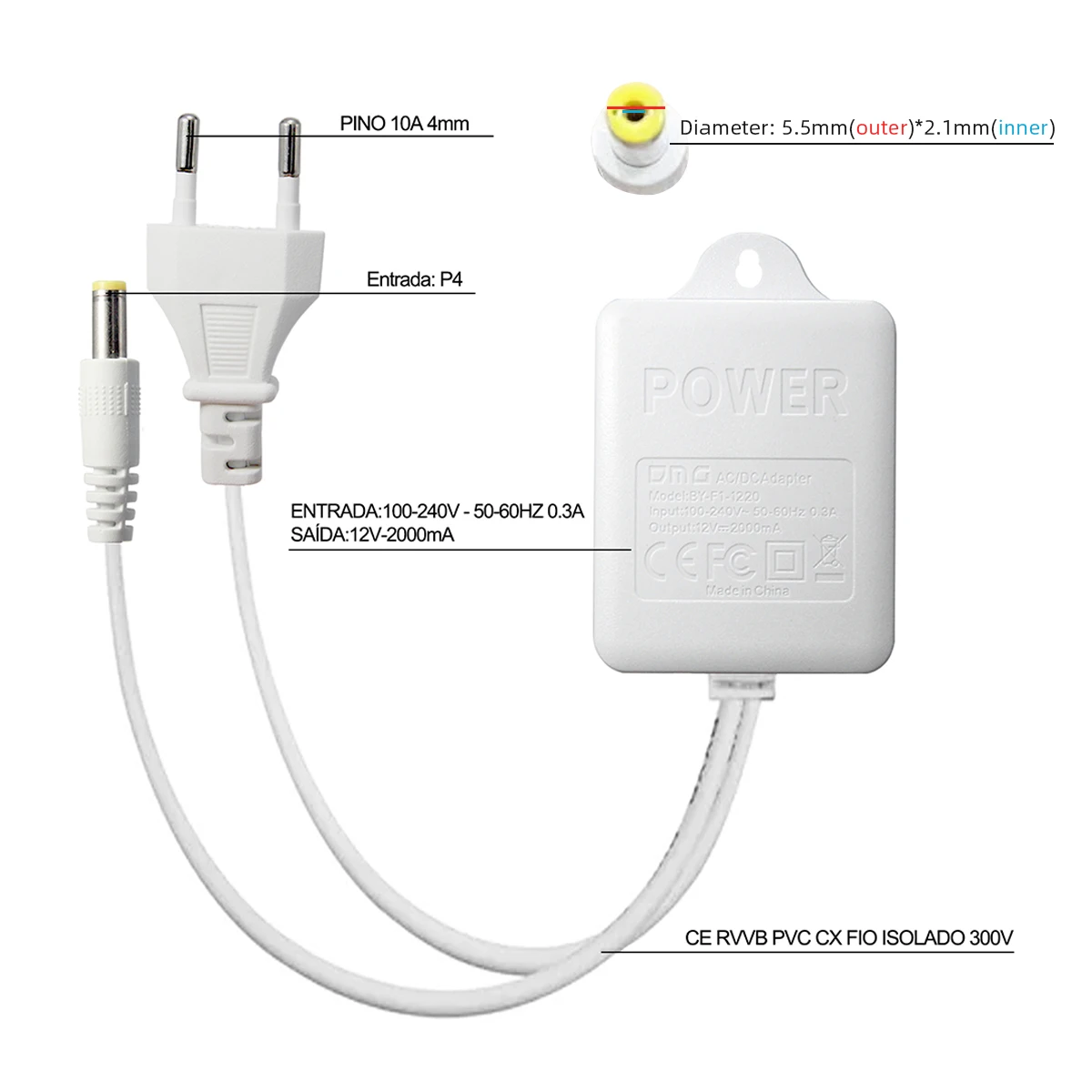 Imagem -03 - Carregador Adaptador 3m-ac dc Fonte de Alimentação para Câmera Ptz Câmera ip Wifi 12v 110v230v para dc 12v 2a Plug ue