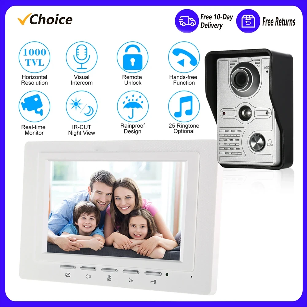 7 inch Wired Video Doorbell Indoor Monitor IR-CUT Outdoor Camera Visual Intercom Two-way Audio Remote Unlock Video Door Phone