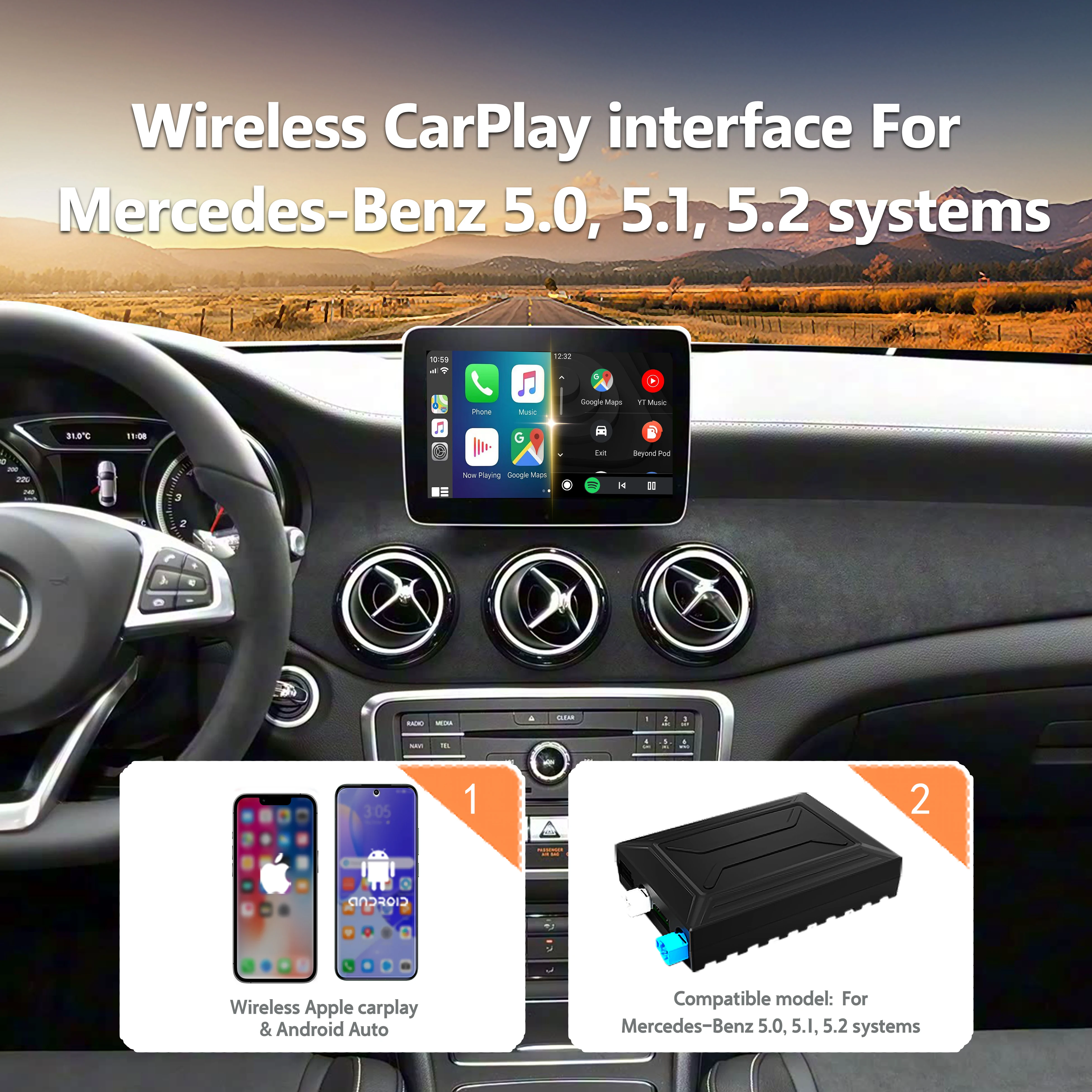 

Car Multimedia Upgrade Box For Mercedes-Benz 2012–2014 A/B/C/E/GLK/GLA/ML/SLK Class Wireless CarPlay Android Auto