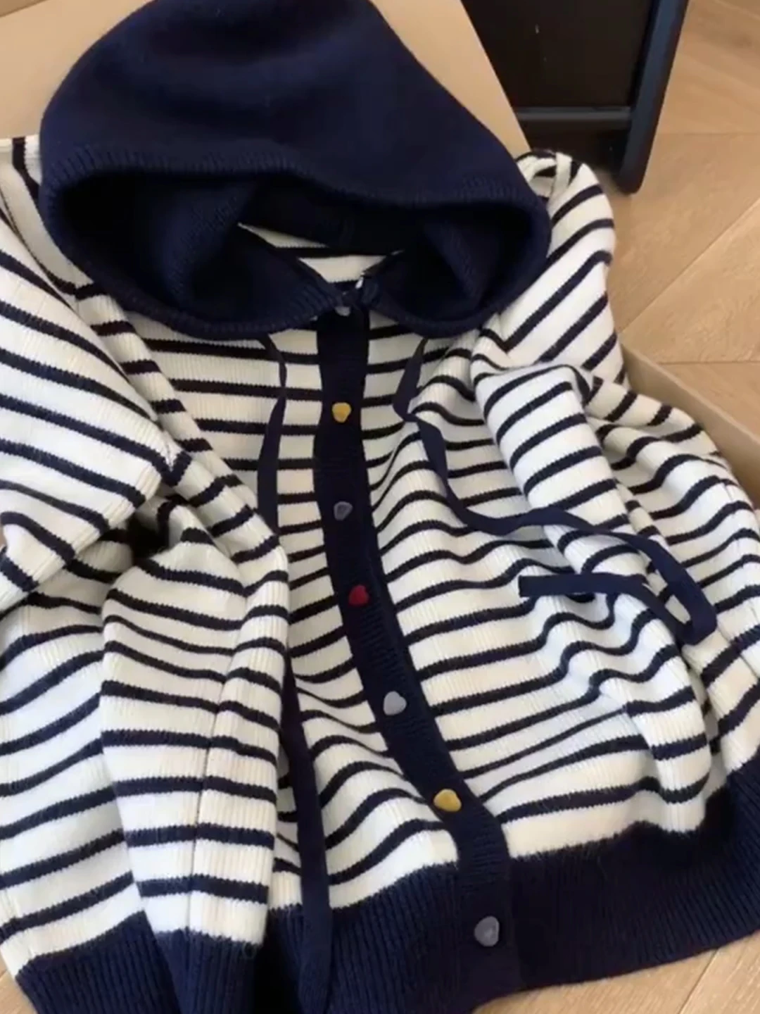 

Soft Cozy Korean Sle Striped Hooded Knitted Cardigan Women's Autumn Buttons Long Sve Sweater Jaet