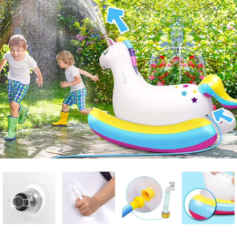 Inflatable Unicorn Rocker with Water Spray, Courtyard Outdoor Baby Sprinkler Pool Float & Seesaw for Kids