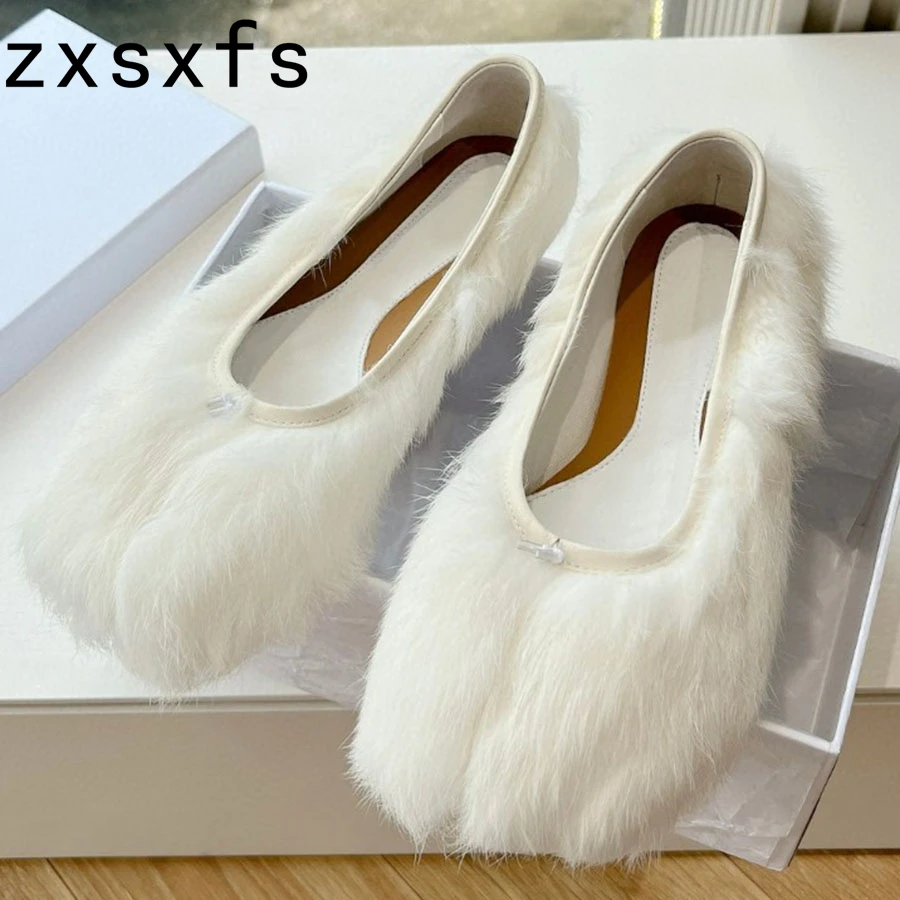 New Wool Doudou Shoes For Women Split Toe Flat Slip-on Loafers Formal Business Leather Walk Fur Shoes Designer Women's Shoes