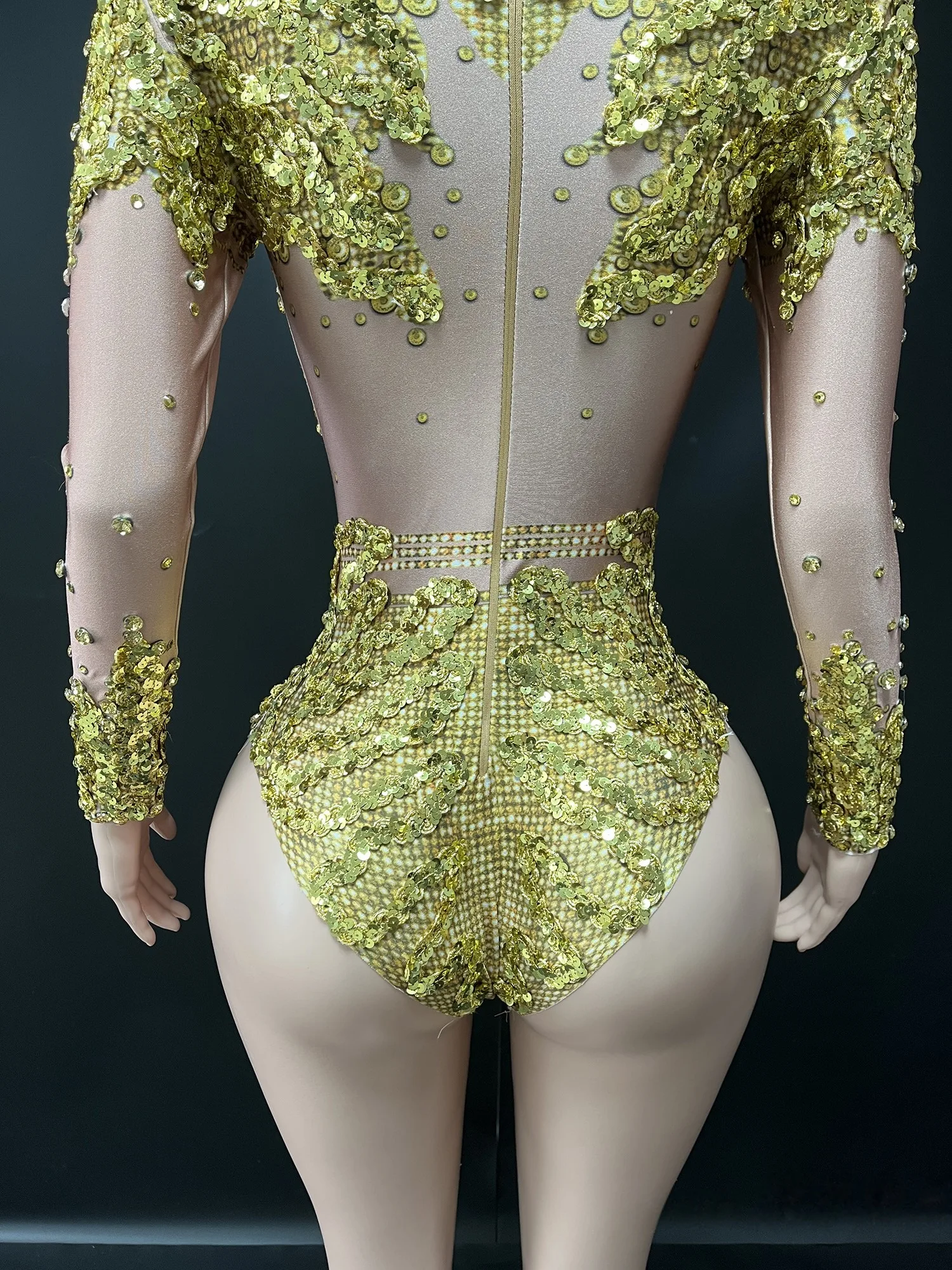 Body de LICRA de manga larga con cuentas y lentejuelas doradas para mujer, Leotardos de gimnasia rítmica brillantes, traje deportivo de baile de alta elasticidad