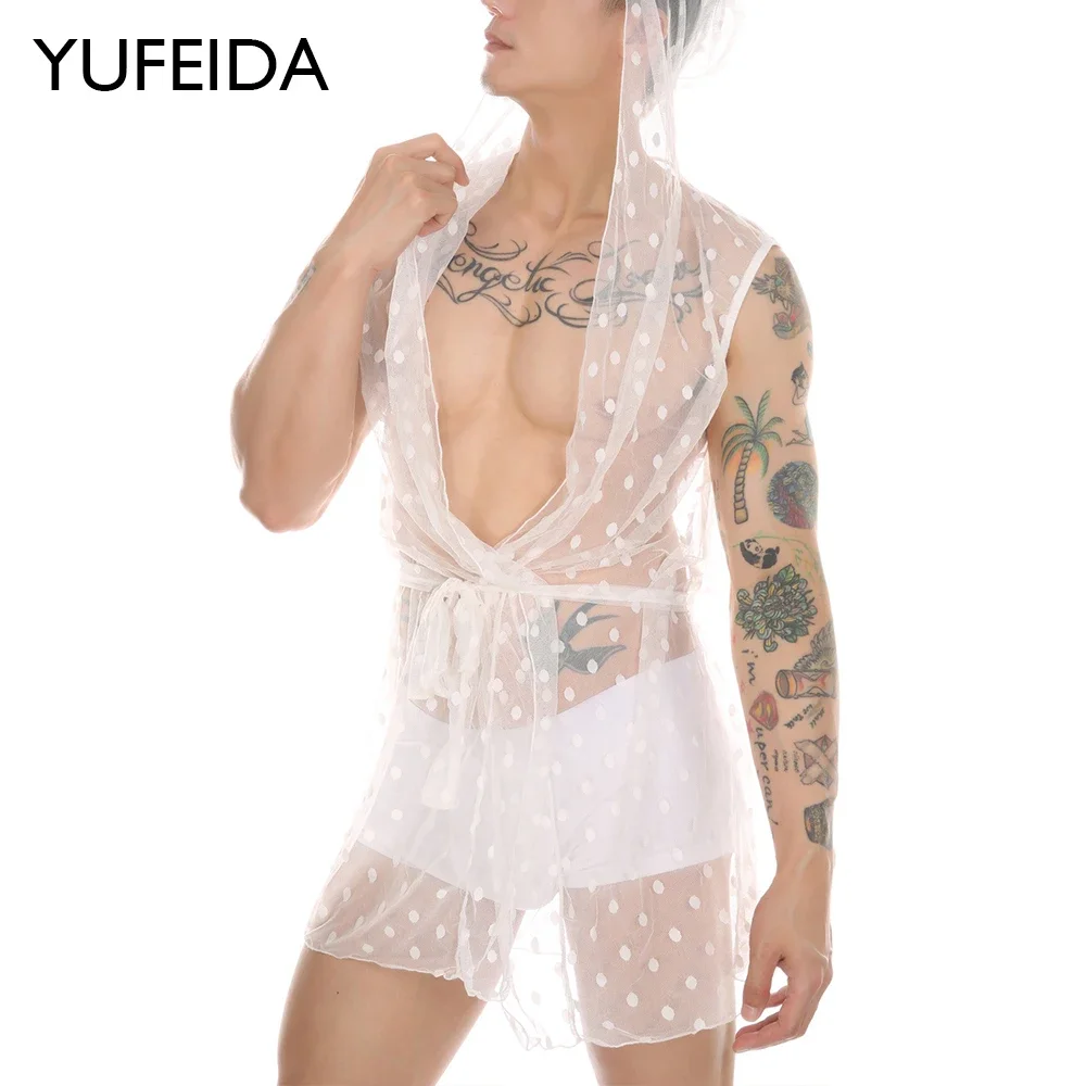 

YUFEIDA Loose Leisure Mesh Sheer Robes Men Bathrobe Sexy Long Lace Up Transparent Nightwear Hooded Homewear Nightgown Sleepwear