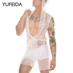 YUFEIDA Loose Leisure Mesh Sheer Robes Men Bathrobe Sexy Long Lace Up Transparent Nightwear Hooded Homewear Nightgown Sleepwear