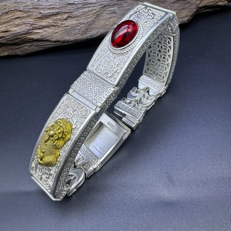 Vintage Engraved Silver Bracelet, Mixed Red & Green Cabochon Gemstone Inlay Heavy Wide Band Jewelry