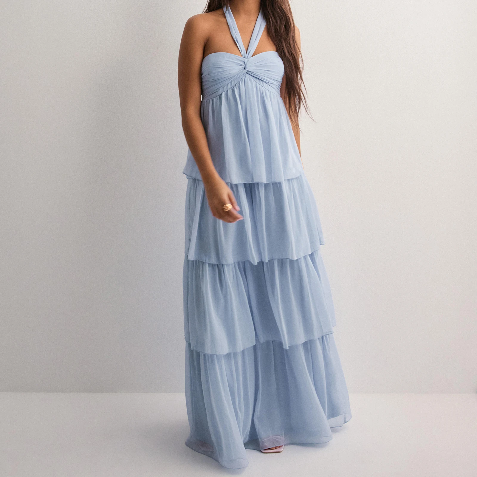 Vestido longo sem alças feminino moda sem mangas em camadas bainha tubo vestido de praia de verão