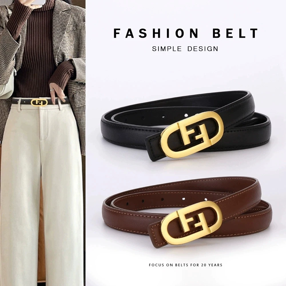 Classic Black/Brown Leather Belt with Gold F Buckle | Minimalist Waist Strap for Women’s Outfits