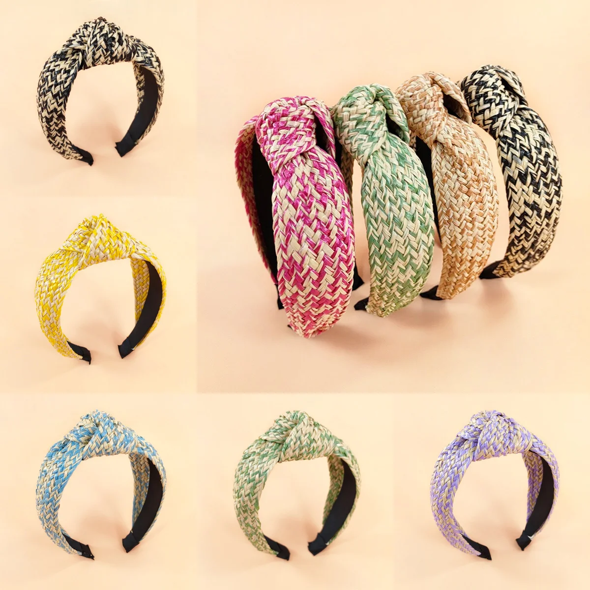 

French Raffia Braided Headband Bohemian Knotted Design with Fashion Print Vacation Style Hair Accessory for Women