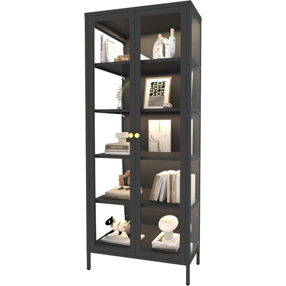 خزانة عرض بأبواب زجاجية، خزانة تحف 5 طبقات مع أرفف قابلة للتعديل، 21 حافظة عرض أضواء ملونة يمكنك صنعها بنفسك للتجميع