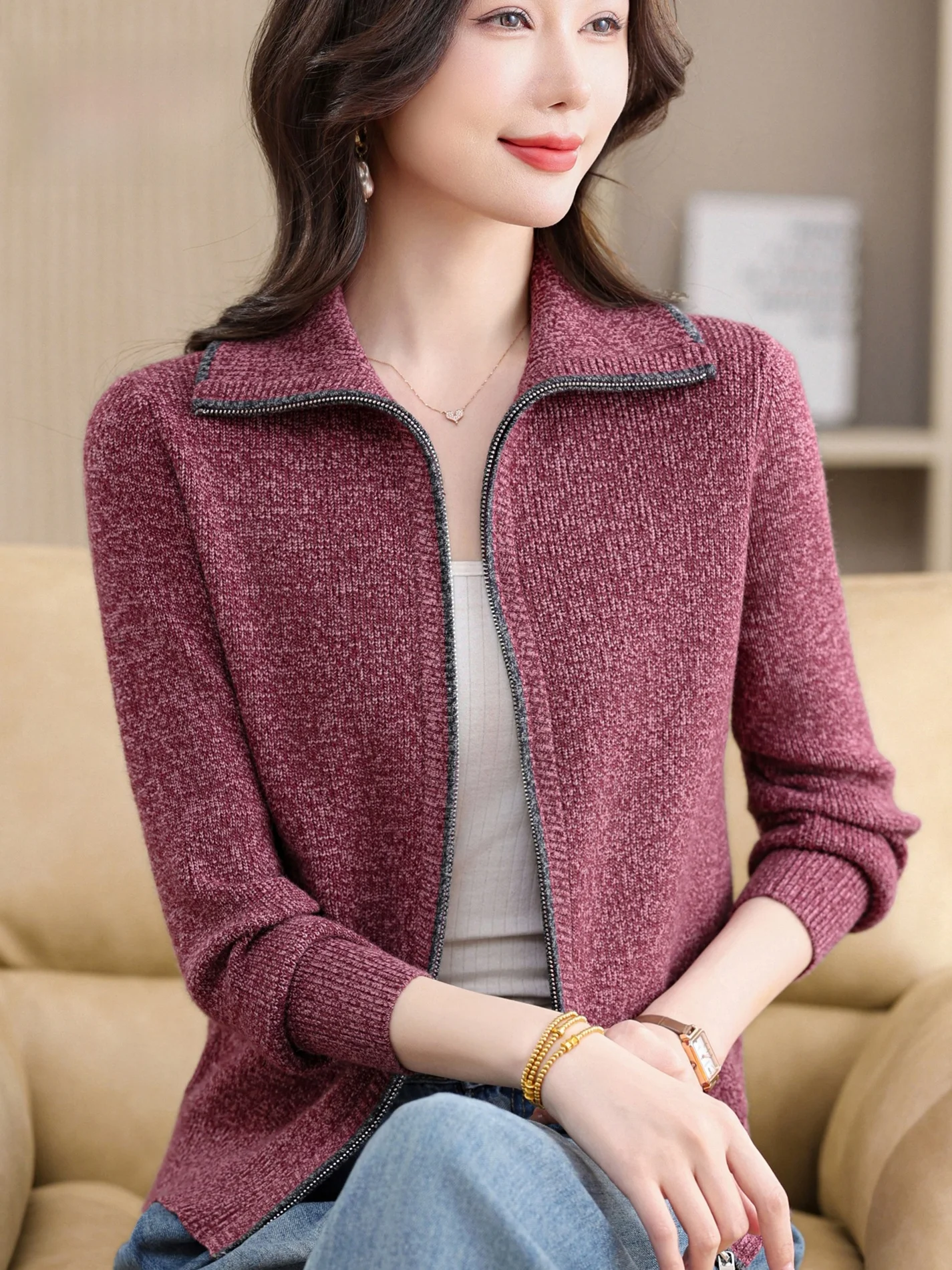 

Женский вязаный шерстяной кардиган на молнии, теплый, для весны и осени, модный, с цветными застежками, воротник-стойка, удлиненный рукав