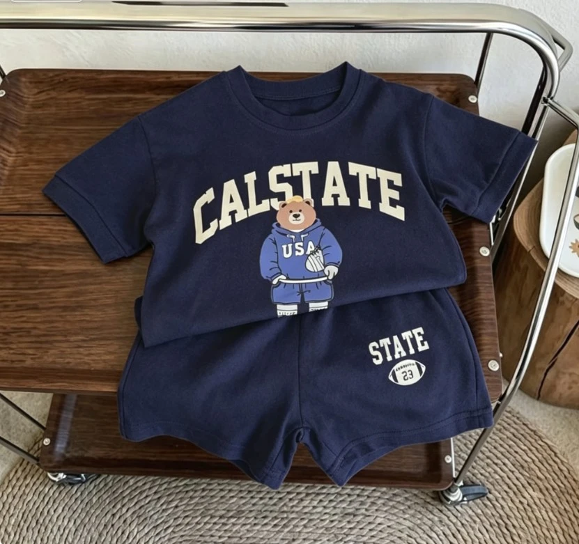 Kids Vintage Bear Graphic Short Sleeve Set Baby Infant Cotton Tee With Shorts Children 2Pcs Set Tops +Trouser Suit Toddler Wear