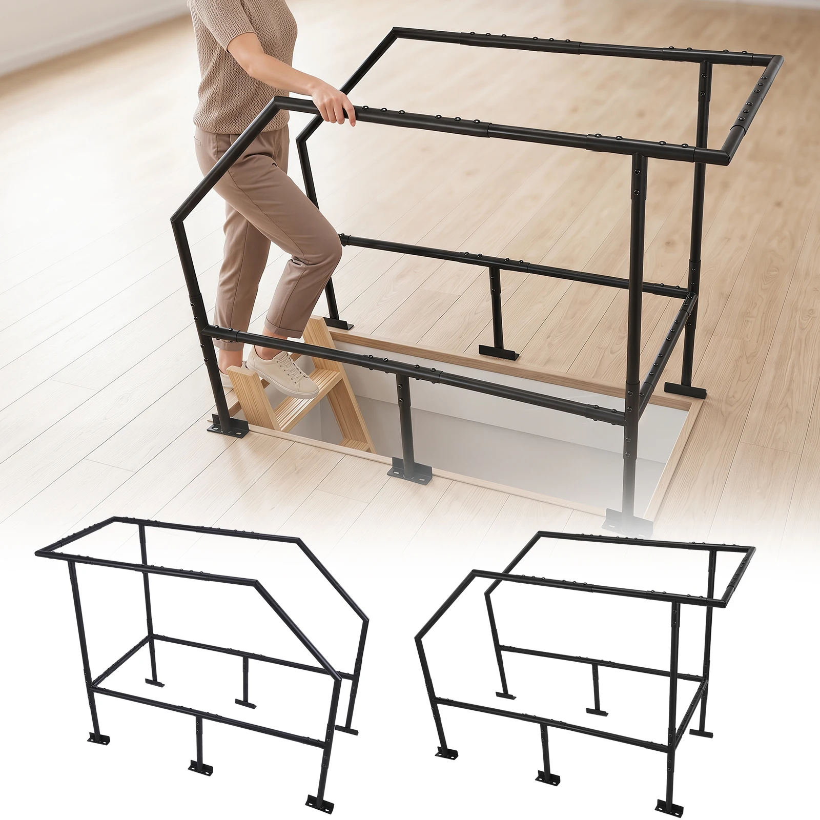 Attic Ladder Extendable Safety Ladder Dual-Level Handrail Safety Railing with 3-Sided Guardrail for House Garage & Storage Loft