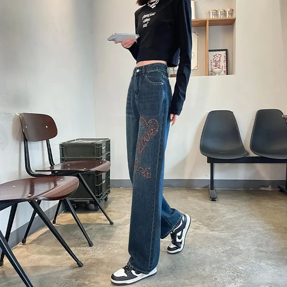 Jean Denim Brodé pour Femme, Baggy Droit, Pantalon Long à Jambes Larges, Mode Streetwear, Nouvelle Collection