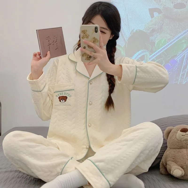 2024 New Air Cotton Pajamas for Women Autumn Winter Sleepwear Pure Cotton Thickened Sandwich Long Sleeved Lounge Set Homewear