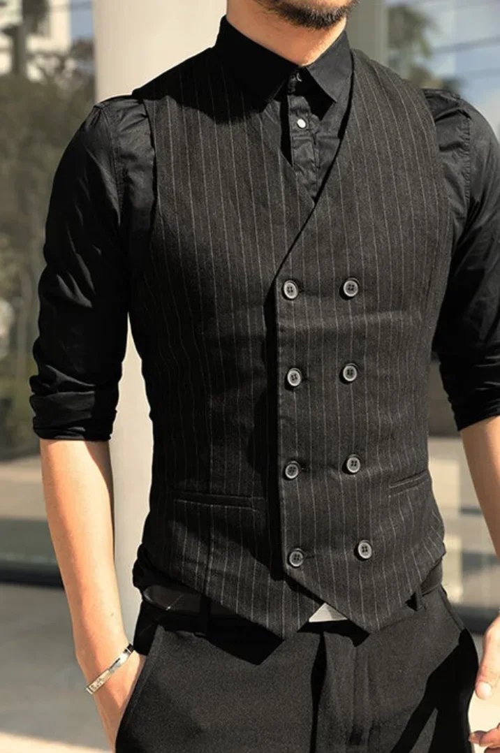 

Men Vest Black Pinstripe For Banquet Birthday Double Breasted Waistcoat Wedding Business Work Set Men Suit Vest