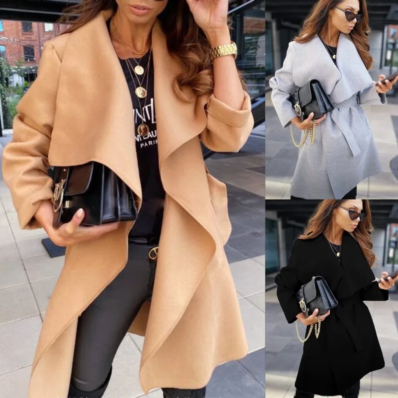 

Autumn/Winter Large Lapel Wool Coat Mid-Length Thickened Warm Coat Solid Color with Belt and Tie Waist Women's Outerwear