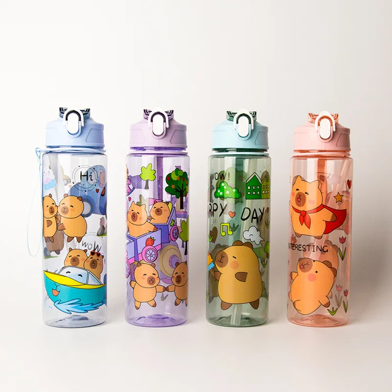 

750ml Cartoon Capybara Water Bottle Plastic Water Cup Portable Large Capacity With Straw Sports Water Bottle Travel Outdoor