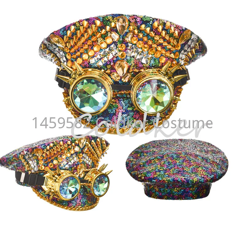 

Multicolored Sequins Rivets Diamond Gothic Steampunk Hat Cosplay Anime Props Halloween Costume Accessories Nightclub Party Wear