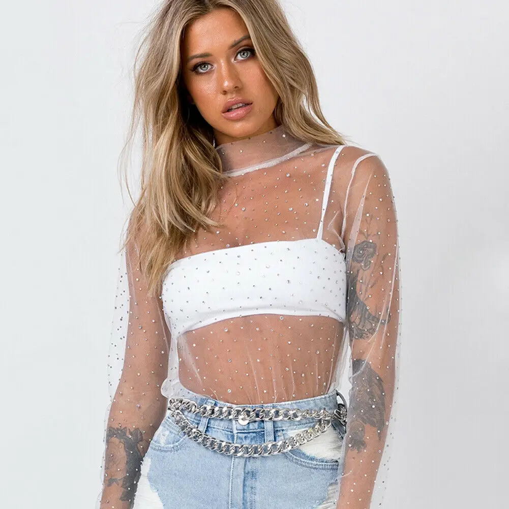 New Women Sexy Mesh Perspective Top Long Sleeve Simulated Neck Shine Rhinestone Fashion T-Shirts Summer Beach Everyday Wear
