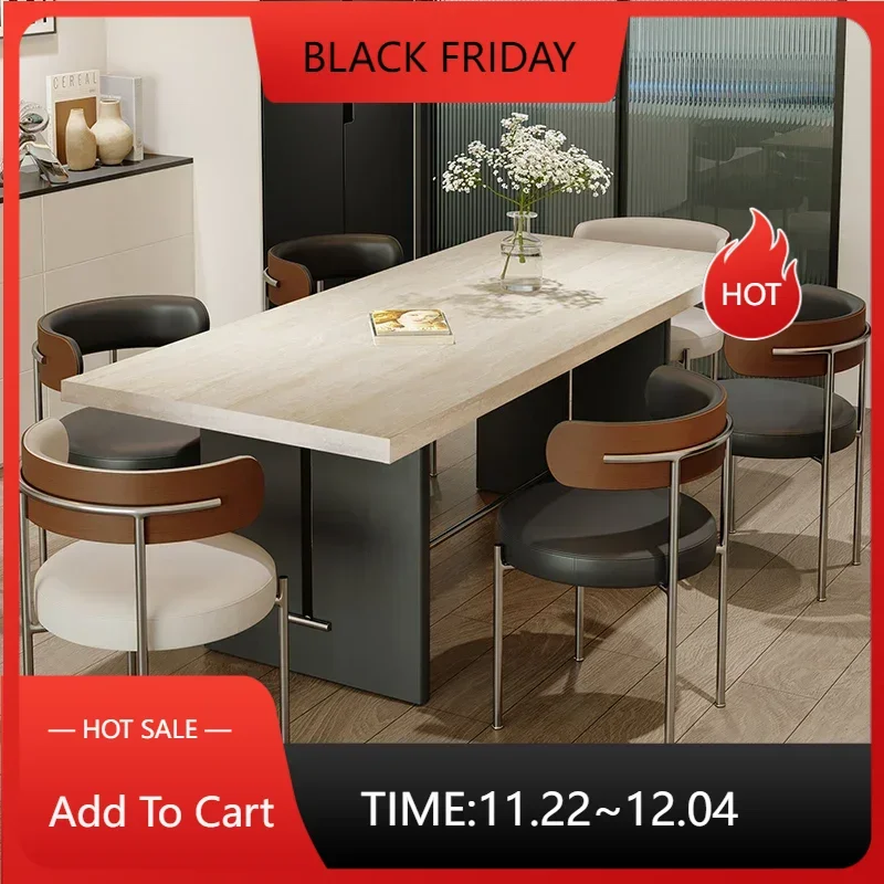 Italian Simple Medieval Style Thickened Travertine Rock Slab Dining Table Combination Small Apartment Wood Island Tisch Table